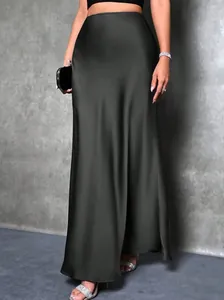 Elegant high waist satin maxi skirt with smooth texture and floor-length hemline.