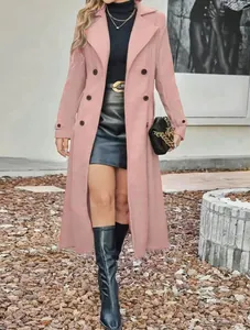 Close-up of pink double-breasted wool coat with lapel collar for autumn fashion.