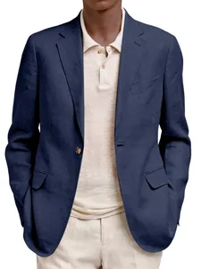 Professional men's navy blue linen business casual blazer with lapel and long sleeves