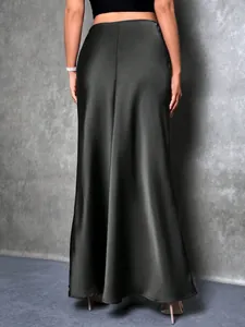 Elegant black satin high-waisted maxi skirt with a smooth glossy finish for women