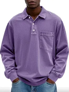 Men's casual washed purple long-sleeved polo shirt with lapel collar and chest pocket