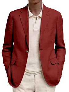 Detailed texture view of a men's burgundy business casual blazer jacket with lapel