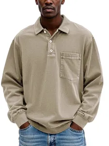 Classic men's casual long-sleeved polo shirt with front pocket and washed vintage finish