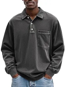 Men's washed black long sleeve polo shirt with front pocket and button lapel.
