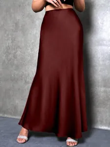 Elegant burgundy satin high-waisted maxi skirt with a smooth glossy finish