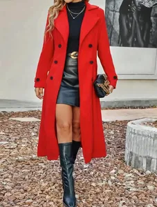 Elegant red double-breasted wool coat with a lapel collar for autumn and winter outfits.