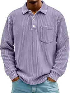 Men's lavender corduroy long sleeve polo shirt with vertical ribs and chest pocket
