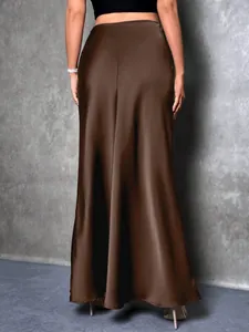 Back view of elegant high-waisted brown satin maxi skirt with smooth glossy finish