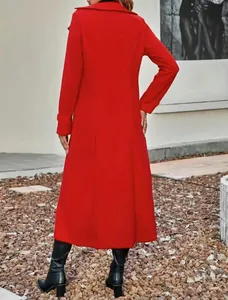Back view of an elegant long red wool coat featuring a tailored fit for autumn/winter.