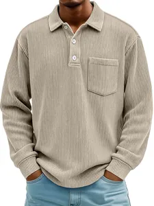 Detailed view of men's corduroy long-sleeve Polo shirt with chest pocket and striped texture