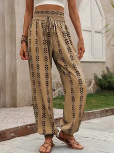 Women's bohemian geometric print high-waisted harem pants with drawstring and elastic waist