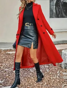 Elegant long red wool coat with double-breasted buttons and black leather skirt styling