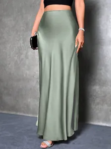 Elegant sage green high-waisted satin maxi skirt for women, showcasing smooth fabric texture