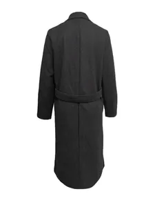Vue arrière d'un long manteau en laine anthracite avec ceinture et col à revers.