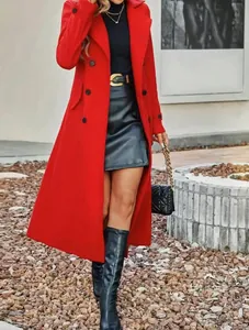 Elegant red double-breasted woolen coat with lapel collar for autumn and winter fashion style.