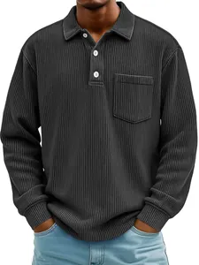 Close-up of men's dark grey corduroy ribbed long sleeve polo shirt with chest pocket