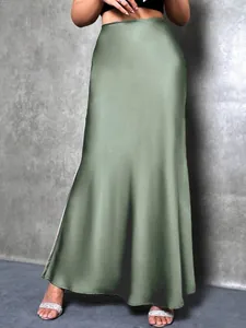 Elegant high-waist sage green satin maxi skirt for women, chic fall fashion style