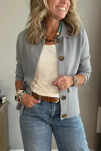 Veste courte élégante grise en De-velours pour femme avec revers et boutons