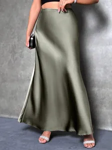 Elegant high-waist olive green satin midi skirt with luxurious silk texture and sheen