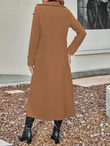 Rear view of elegant long camel woolen coat with lapel collar for autumn