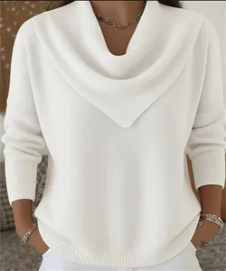 Elegant white cowl neck sweater with ribbed knit texture and loose fit for autumn