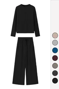 Conjunto de estar por casa acanalado de dos piezas para mujer con top de botones y pantalón