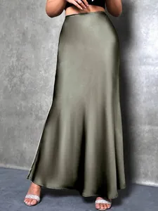 Detailed view of the elegant olive green satin high-waisted maxi skirt for women.