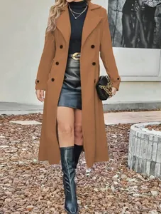 Elegant long double-breasted wool coat with a classic lapel collar in a rich camel brown color