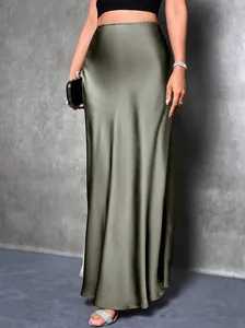 Elegant high-waisted olive green satin maxi skirt with smooth glossy metallic finish