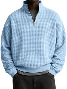 Men Quarter-Zip Waffle Knit Sweatshirt Loose Fit Stand Collar Solid Color Long Sleeve Pullover Casual Top