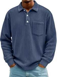 Detailed view of men's blue corduroy long sleeve polo shirt featuring a chest pocket