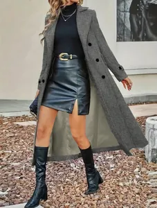 Sophisticated grey double-breasted long wool coat with classic lapel collar detail