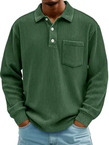 Detailed view of a men's dark green ribbed corduroy polo shirt worn by a model