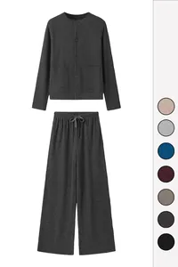 Conjunto de descanso acanalado para mujer con cárdigan y pantalón de pernera ancha
