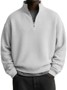 Men's grey waffle knit quarter-zip sweatshirt with loose fit for casual style