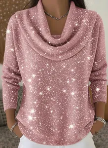 Detail view of pink long sleeve top with shimmering glitter fabric and draped neck