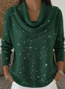 Detailed shot of dark green sparkly cowl neck top featuring shimmering silver glitter fabric