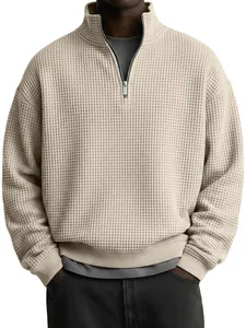 Casual men's quarter-zip waffle knit sweatshirt in loose fit for autumn and winter
