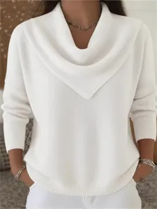 Elegant white waffle knit V-neck loose fit pullover sweater for autumn and winter wear