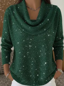 Elegant dark green sparkly long sleeve cowl neck sweater with silver glitter finish
