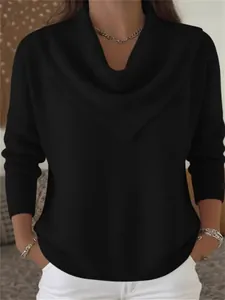 Stylish women's black loose-fit draped V-neck waffle knit long sleeve pullover sweater top
