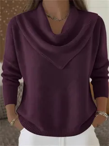 Elegant purple loose knit pullover sweater featuring a draped cowl V-neck design