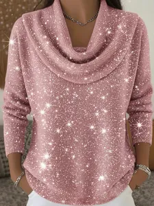 Sparkling pink cowl neck long sleeve pullover with glitter finish for autumn and winter