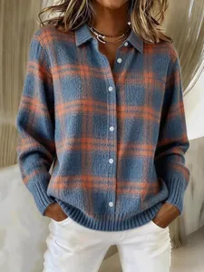 Casual plaid lapel knitted cardigan for women with blue and orange check pattern