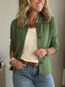 Cardigan vert classique à revers et boutonnage simple avec poches pour femmes élégantes
