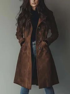 Women Suede Long Trench Coat Turn-down Collar Patchwork Single-breasted Windbreaker Outerwear For Autumn Winter Casual Daily Top