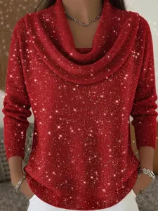 Elegant red sparkly cowl neck long sleeve sweater for women featuring a glittery finish