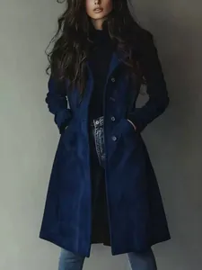 Detailed view of a navy blue suede long trench coat for women's autumn winter fashion