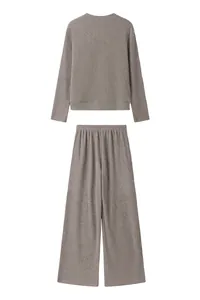 Conjunto de dos piezas de punto acanalado con top de manga larga y pantalón ancho