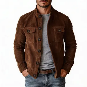Close-up detail of men's brown faux suede casual jacket with front pockets and button closure